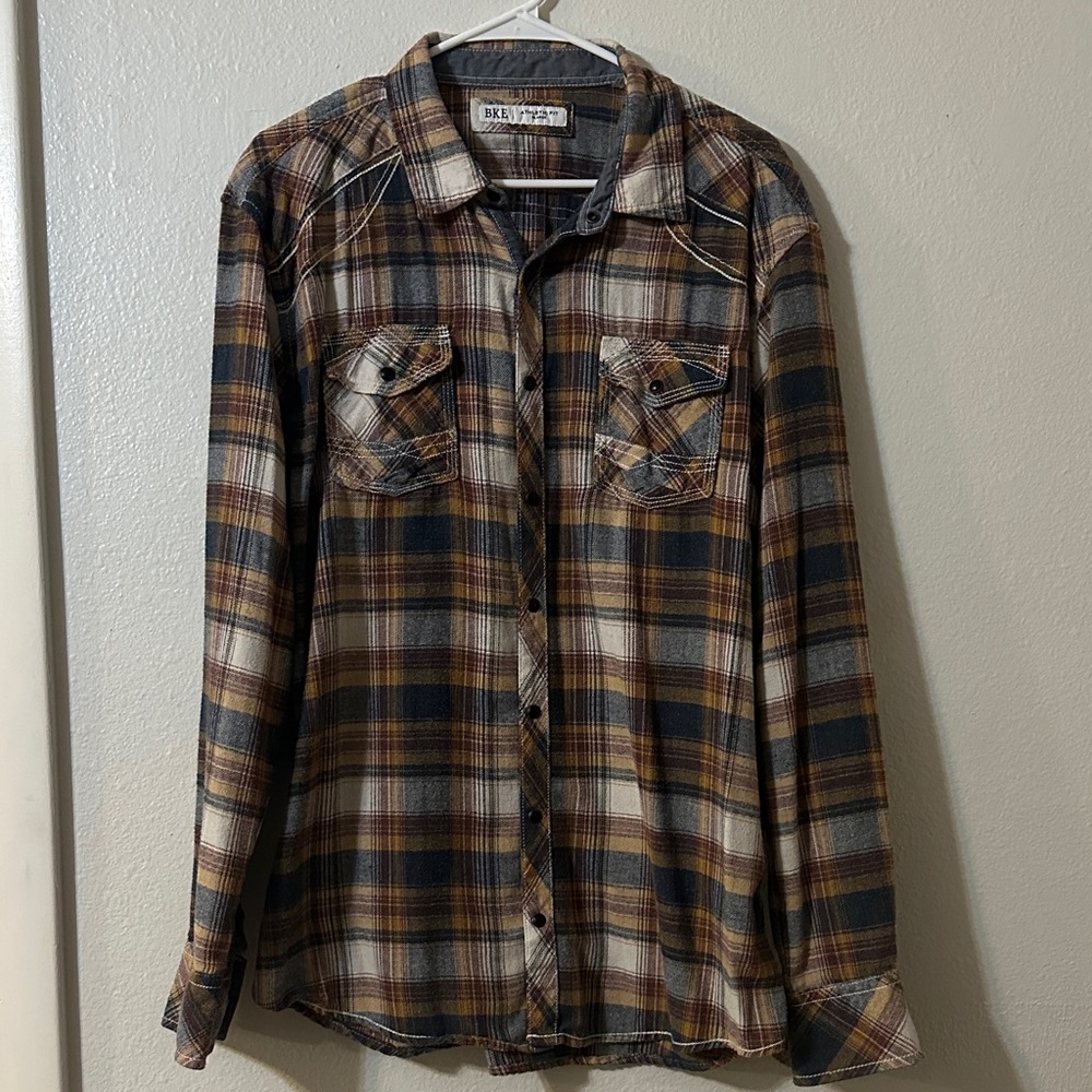 BKE Men's Plaid Button-Down Shirt - Brown and Blue